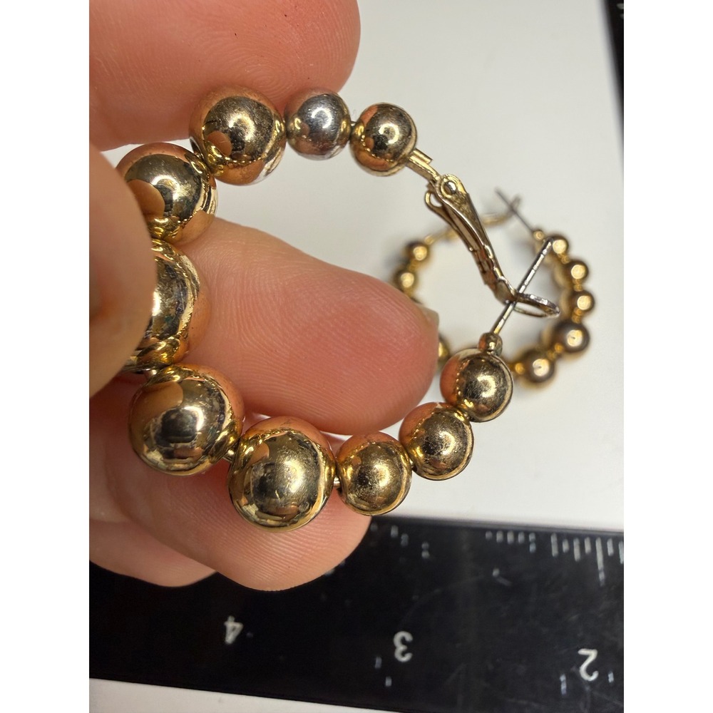 Gold Tone Graduated Bead Hoop Earrings Lever Back Statement Jewelry 1.25 Inch